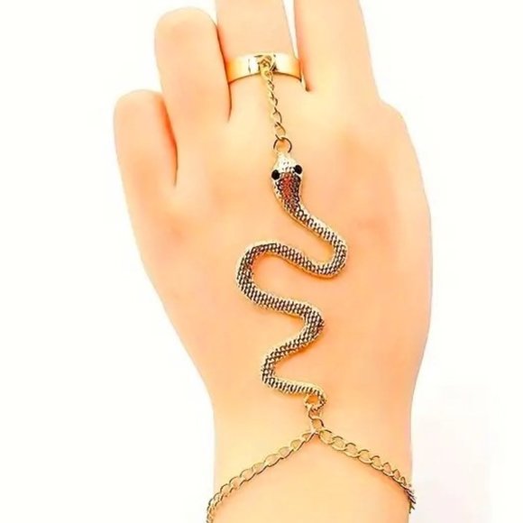 Snake Bracelet Finger Chain Ring Goth Punk Sexy Rave Hippie Boho Glam Statement - Picture 2 of 5